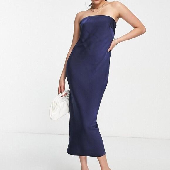 ASOS Design satin mini strapless bandeau dress in navy - Picture 1 of 6